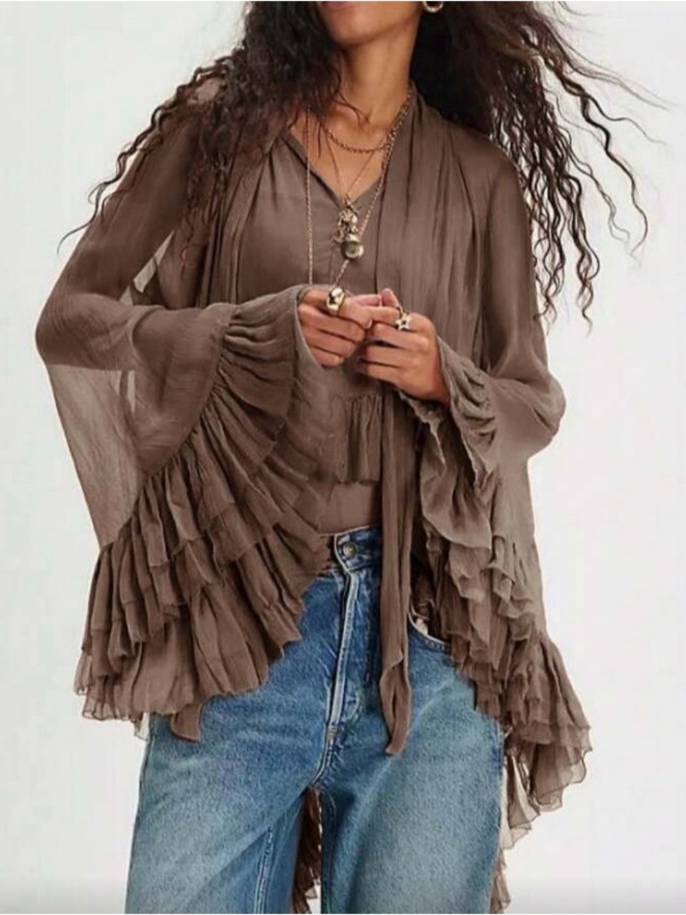 Boho Ruffle Sheer Blouse - Brown